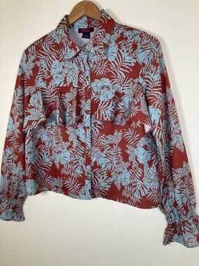 Rock & Roll Denim Tropical Print Ruffle Blouse Medium Cropped Boho Western